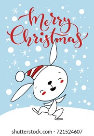 Vector holiday Christmas greeting card with dancing rabbit. Merry Christmas lettering