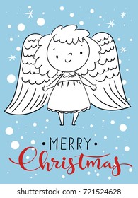 Vector holiday Christmas greeting card with cartoon angel and Merry Christmas lettering