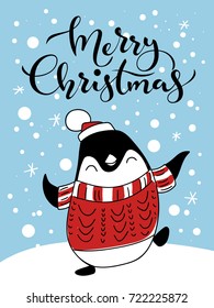 Vector holiday Christmas greeting card with dancing penguin. Merry Christmas lettering