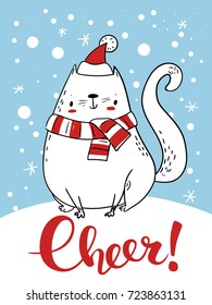 Vector holiday Christmas greeting card with cartoon cute cat. Cheer lettering