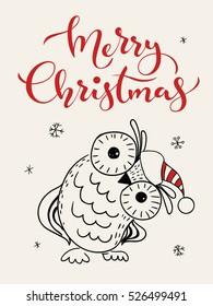 Vector holiday Christmas greeting poster with cartoon owl and Merry Christmas lettering.