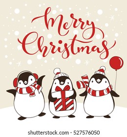 Vector holiday Christmas greeting poster with different cartoon penguins and Merry Christmas lettering. Holiday kids illustration. 