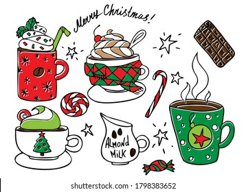 Vector holiday christmas illustration set in green red and brown colors. variations of coffee with cream, candies, chocolate and almond milk isolated on white background