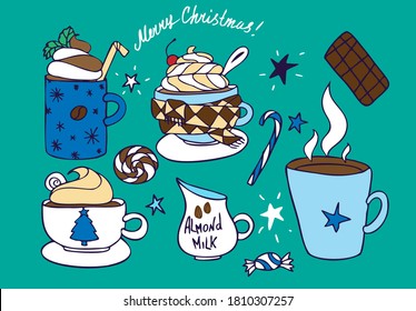 Vector holiday christmas illustration set in blue and brown colors. Variations of coffee with cream, candies, chocolate and almond milk 