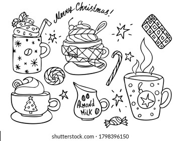Vector holiday christmas outline illustration set. variations of coffee drinks with cream, chocolate, candy, almond milk. Hand drawn coloring page