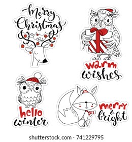 Vector holiday Christmas sticker set. Funny labels set with cartoon winter characters with lettering. 