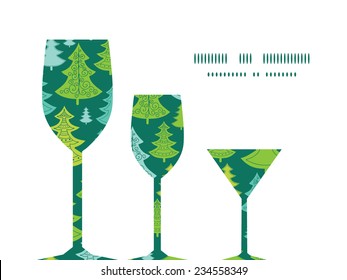 Vector holiday christmas trees three wine glasses silhouettes pattern frame