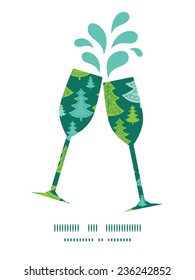 Vector holiday christmas trees toasting wine glasses silhouettes pattern frame