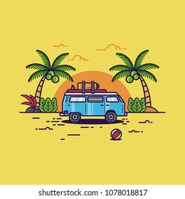 Vector Holiday Classic Car Flat Design Illustration Minimalist Landscape Icon