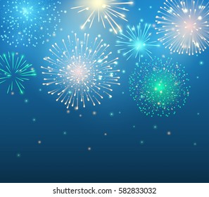 Vector holiday colorful fireworks on the blue background. Sparkle lights for design festive posters and banners. File contains clipping mask.