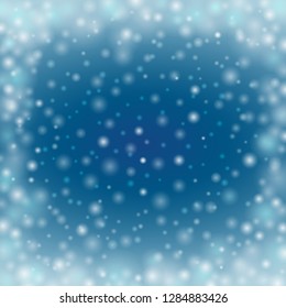 Vector Holiday defocused glowing backdrop with blur dynamic white dots. Blue blurred bokeh winter abstract background.