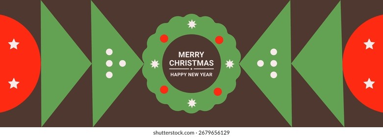 Vector holiday design with geometric shapes in green and red, featuring a wreath center with text “Merry Christmas, Happy New Year.” Perfect for festive cards, posters, banners, modern holiday decor.