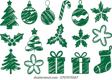 Vector Holiday Doodle Collection with Christmas Symbols. Sketch Style Christmas Elements Including Tree, Holly, and Stocking. Green Christmas Doodle Icons on White Background.Holiday Doodle Collection