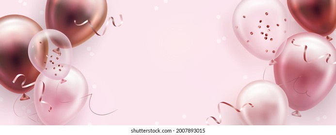 Vector holiday elegant greeting card or banner with golden, pink and white balloons and falling confetti. Vector illustration