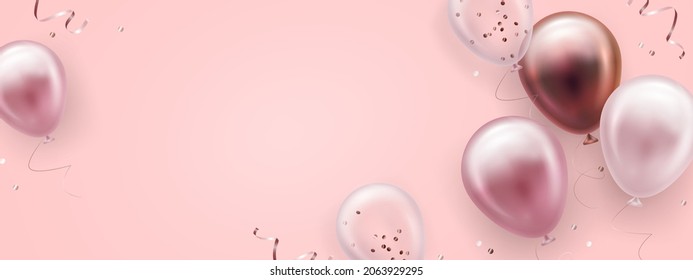 Vector holiday elegant greeting card or banner with golden, pink and white balloons and falling confetti. Vector illustration