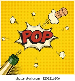 Vector holiday element in comic book or manga style. Champagne bottle with flying cork and Pop word