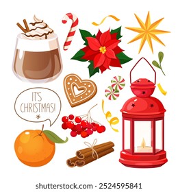 Vector holiday elements collection for Christmas celebration includes shining lantern, citrus, cocoa cup, poinsettia flower, ginger cookies, lollipops etc.