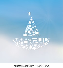 Vector holiday emblem composed of white icons. Emblem on blurred beach background. Decorative element for holiday banners and posters..