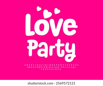 Vector holiday emblem Love Party. Playful White Font. Cute Handwritten Alphabet Letters and Numbers set.