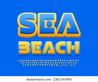 Vector holiday Emblem Sea Beach. Yellow and Blue modern Font. Creative Alphabet Letters and Numbers set