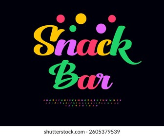 Vector Holiday emblem Snack Bar. Joyful Colorful Font. Festive Cursive Alphabet Letters and Numbers set