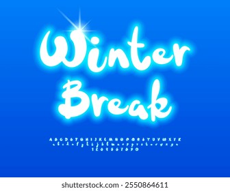 Vector holiday emblem Winter Break. Funny Glowing Font. Neon handwritten Alphabet Letters and Numbers set.