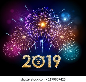 Vector holiday festival blue firework. Happy new year card 2019