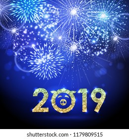 Vector holiday festival blue firework. Happy new year card 2019