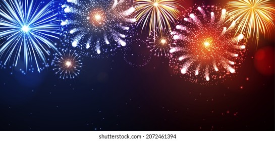Vector holiday festival blue, red and gold firework. Independence day, Christmas, New Year party