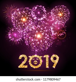Vector holiday festival pink firework. Happy new year card 2019