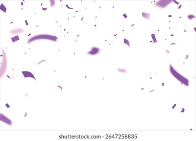 Vector holiday festive celebration background with confetti variety of colors, Purple serpentine, bright festive candies. Falling shiny purple confetti,  web banner, poster, flyer, invitation.