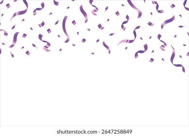 Vector holiday festive celebration background with confetti variety of colors, Purple serpentine, bright festive candies. Falling shiny purple confetti,  web banner, poster, flyer, invitation.