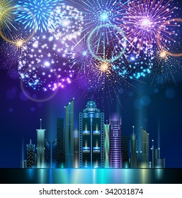Vector holiday firework and night city