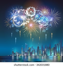 Vector holiday firework and night city