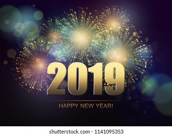 Vector Holiday Fireworks Background. Happy New Year 2019