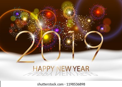 Vector Holiday Fireworks Background. Happy New Year 2019. Seasons greetings, colorful fireworks design with white snow. Vector illustration