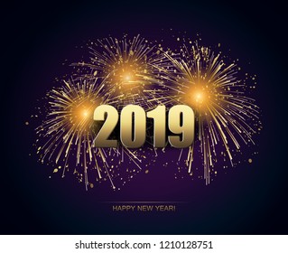 Vector Holiday Fireworks Background. Happy New Year 2019