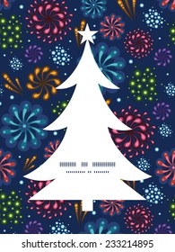 Vector holiday fireworks Christmas tree silhouette pattern frame card template