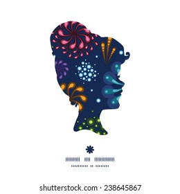 Vector holiday fireworks girl portrait silhouette pattern frame
