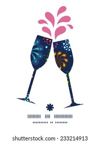 Vector holiday fireworks toasting wine glasses silhouettes pattern frame