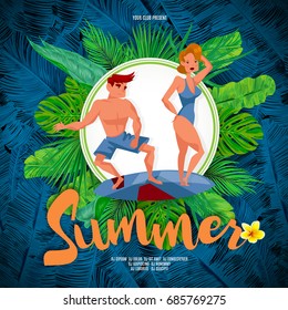 Vector holiday flat illustration on tropical leaves background. Young guys on beach poster at summer time.