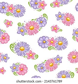 Vector Holiday Flowers Seamless Pattern, square repeating background with set of cut out illustrations violet petunia flowers and rose color march daisy, green cartoon flourishes on white background