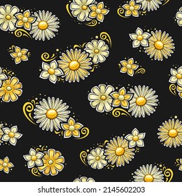 Vector Holiday Flowers Seamless Pattern, square repeating background with set of cut out illustration pale petunia flowers, spring march daisy, cartoon flourishes on dark background for wrapping paper