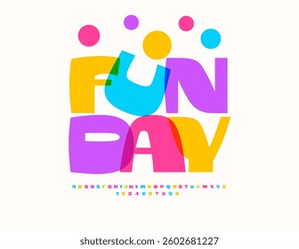 Vector Holiday flyer Fun Day. Festive Colorful Font. Modern Children Alphabet Letters and Numbers set. 