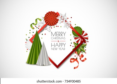 Vector holiday frame with paper decoration, snowflakes, Christmas tree in green, white, red colors. Merry Christmas, Happy New Year greeting card. Material design for banner, flyer, poster.