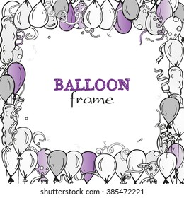 Vector holiday frame with white and purple hand drawn air balloons. Cartoon background. Design for birthday greeting card, festival decoration, gift card, party poster
