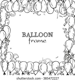 Vector holiday frame with white and purple hand drawn air balloons. Cartoon background. Design for birthday greeting card, festival decoration, gift card, party poster