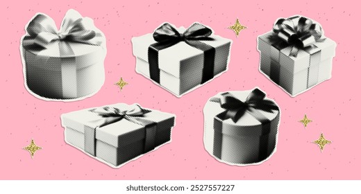 Vector holiday gift box with bow. Elements cut from paper with a halftone effect. Trendy retro set for collage, poster, banner, cover design.