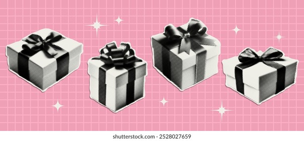 Vector holiday gift box with bow. Elements cut from paper with a halftone effect. Trendy retro set for collage, poster, banner, cover design.