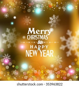 vector holiday gold  background with snowflakes blurred in the background